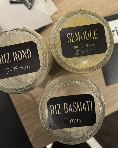 Étiquettes de bocaux : riz rond, semoule, riz basmati