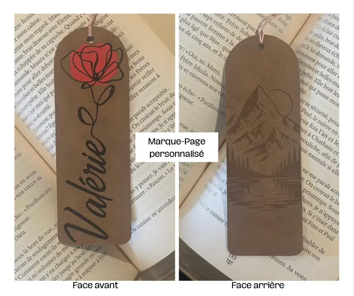 Marque-page en cuir : prénom Valérie et rose réalisés à la Cricut au recto, montagnes gravées au laser au verso