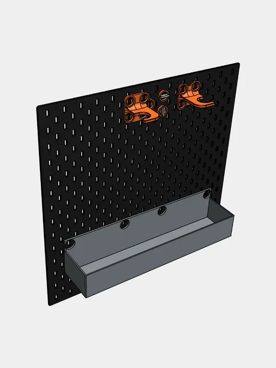Modèle 3D d’un pegboard noir avec deux supports et un bac de rangement
